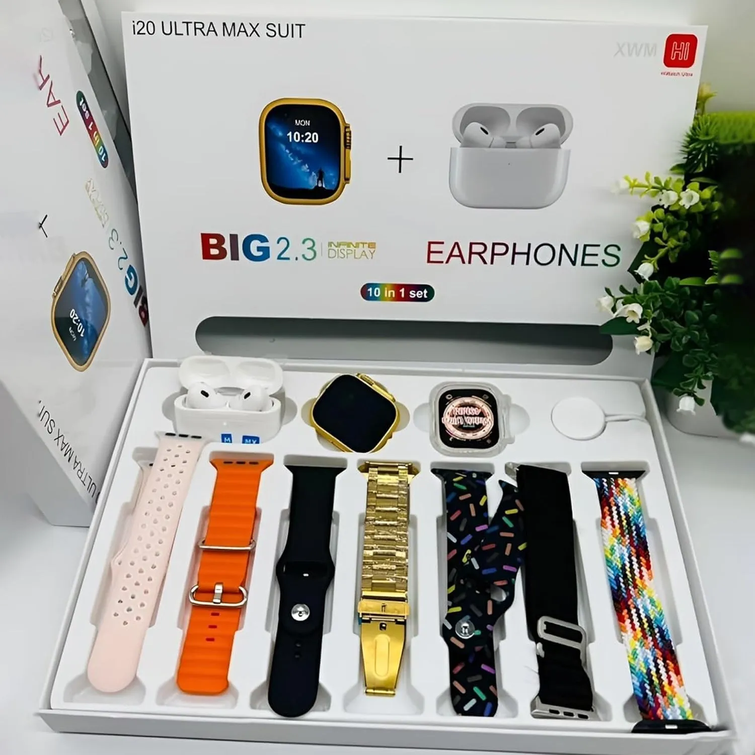 10 in1 Set Ultra Smart Bluetooth Calling Smartwatch   Earphones with Transparent Screen Guard Watch with Seven Classic Straps (Mix Color)