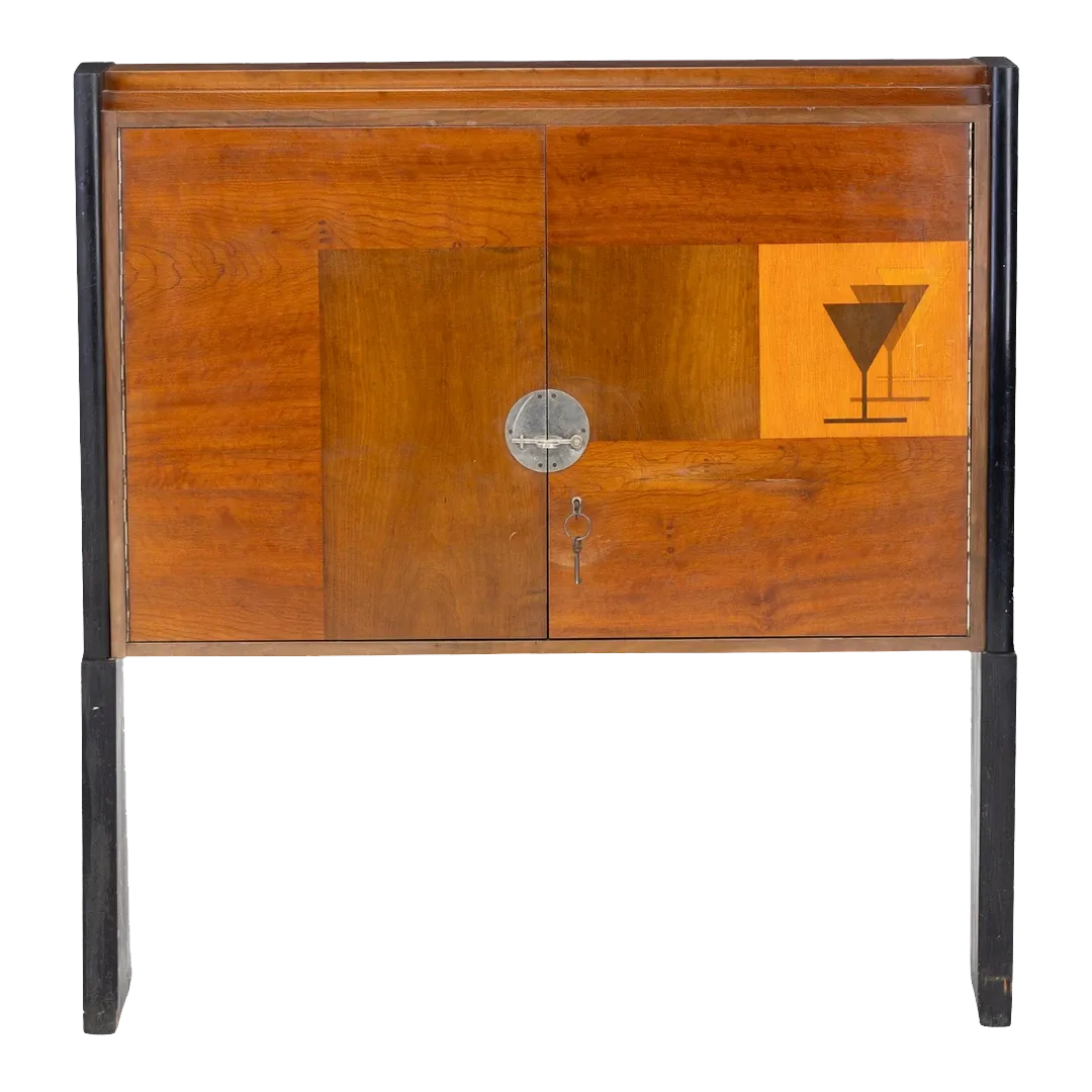 1950s European : lacquered fruitwood liquor cabinet w/inlay