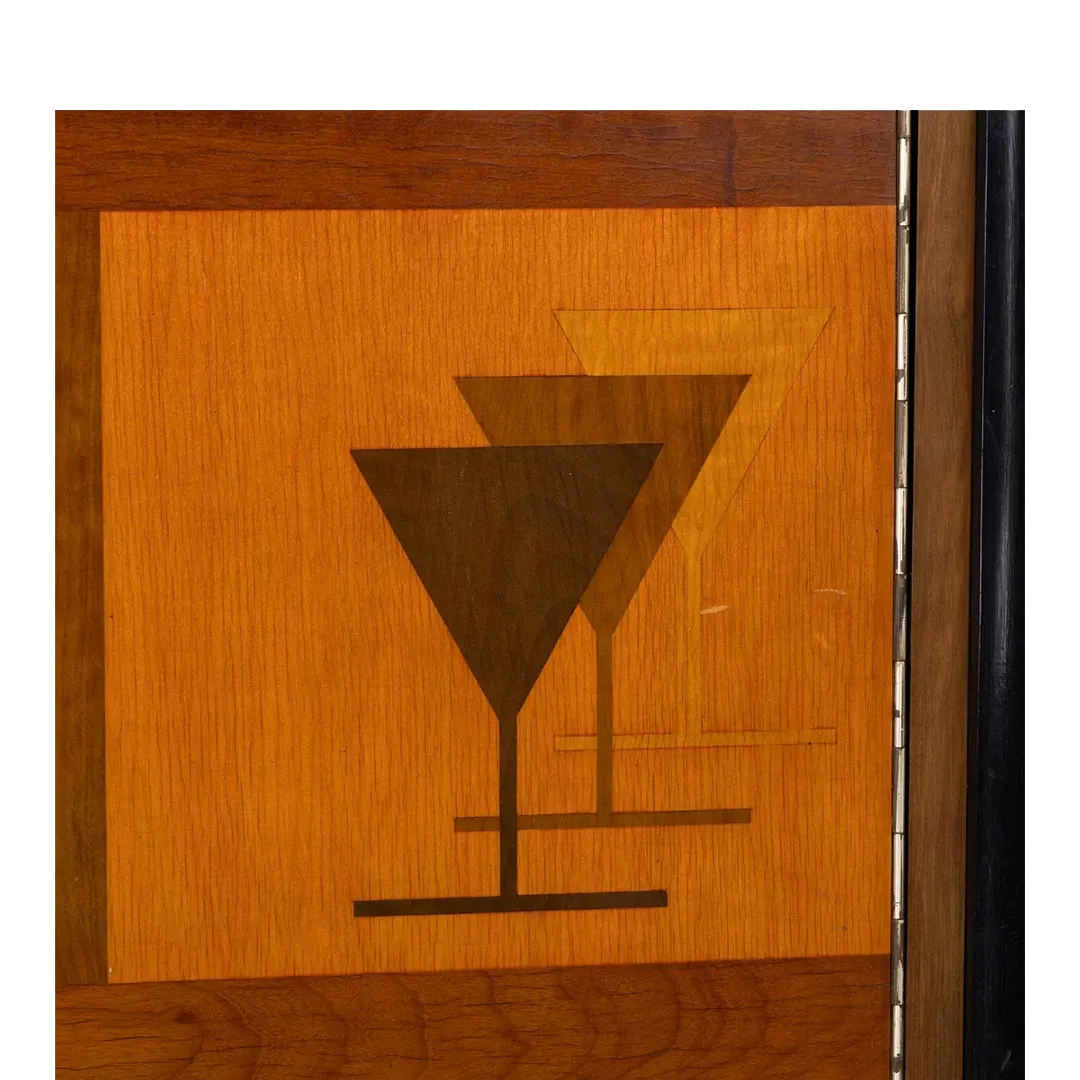 1950s European : lacquered fruitwood liquor cabinet w/inlay