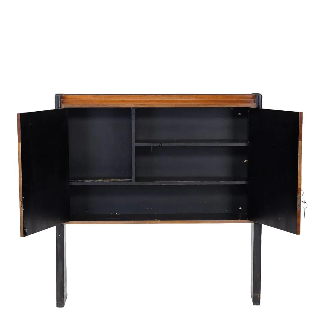 1950s European : lacquered fruitwood liquor cabinet w/inlay