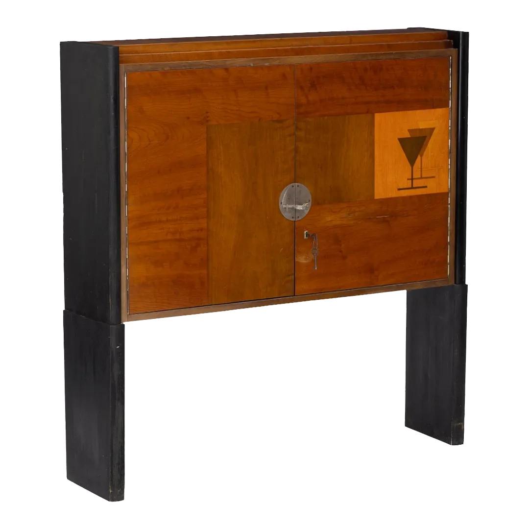 1950s European : lacquered fruitwood liquor cabinet w/inlay