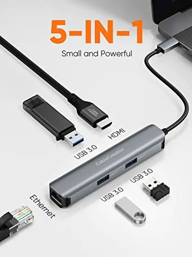 5-in-1 USB C Hub Multiport Adapter, CableCreation USB C Hub 4K 60Hz Bundle with USB C to 3.5mm Headphone and Charger Adapter,