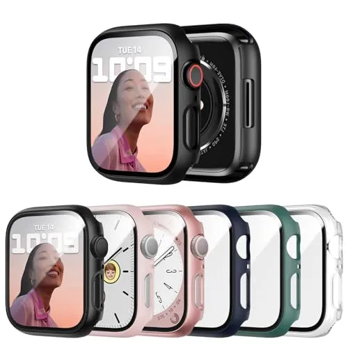 6 Pack Case with Tempered Glass Screen Protector for Apple Watch Series 3 Series 2 Series 1 38mm, JERXUN Ultra-Thin Scratch Resistant Full Protective Hard PC Bumper Cover for iWatch 38mm Accessories