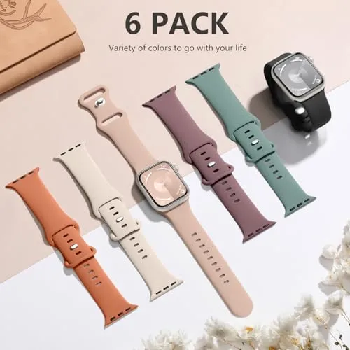 6 Pack Sport Bands Compatible with 40mm Apple Watch Bands for Women 41mm 44mm 45mm 42mm 38mm 49mm Men, Soft Silicone Waterproof iWatch Bands Strap for Apple Watch Series 9 8 Ultra 2 SE 7 6 5 4 3 2 1