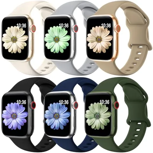 6 Pack Sport Bands Compatible with Apple Watch Band 38mm 40mm 41mm 42mm 44mm 45mm 49mm,Soft Silicone Waterproof Strap for iWatch Ultra2 Series 9 Ultra 8 7 6 5 4 3 2 1 SE Women Men