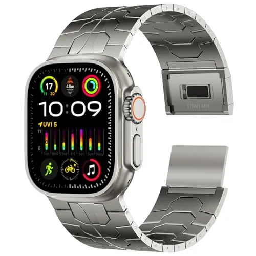 ACESTAR Full Titanium Band Compatible with Apple Watch Ultra 49mm / Ultra 2 49mm / Series 10 46mm, 26mm Wide Adjustable Titanium Links with Titanium Magnetic Clasp Titanium Connectors and DLC Coating