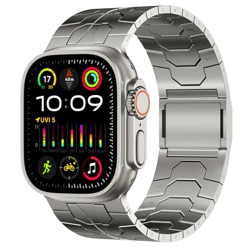 ACESTAR Full Titanium Band Compatible with Apple Watch Ultra 49mm / Ultra 2 49mm / Series 10 46mm, 26mm Wide Adjustable Titanium Links with Titanium Magnetic Clasp Titanium Connectors and DLC Coating