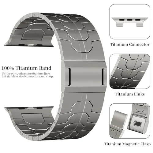 ACESTAR Full Titanium Band Compatible with Apple Watch Ultra 49mm / Ultra 2 49mm / Series 10 46mm, 26mm Wide Adjustable Titanium Links with Titanium Magnetic Clasp Titanium Connectors and DLC Coating