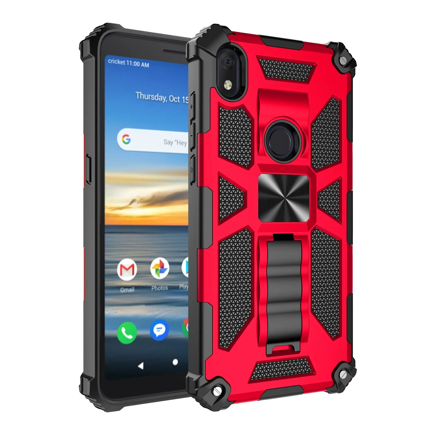 Alcatel Lumos Case/AT&T Alcatel Axel Case [Military Grade] Ring Car Mount Kickstand Hybrid Hard PC Soft TPU Shockproof Protective Case - Red