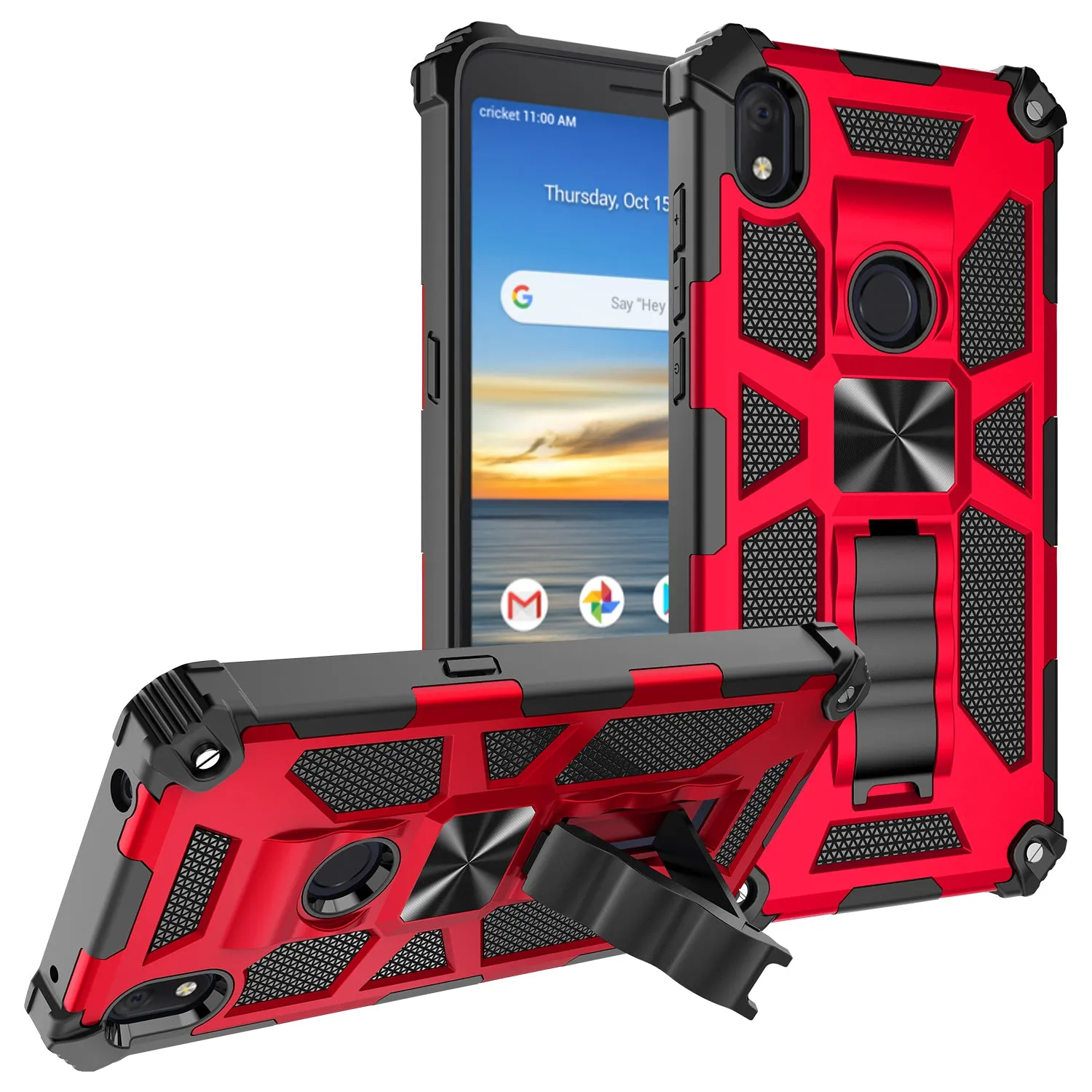 Alcatel Lumos Case/AT&T Alcatel Axel Case [Military Grade] Ring Car Mount Kickstand Hybrid Hard PC Soft TPU Shockproof Protective Case - Red