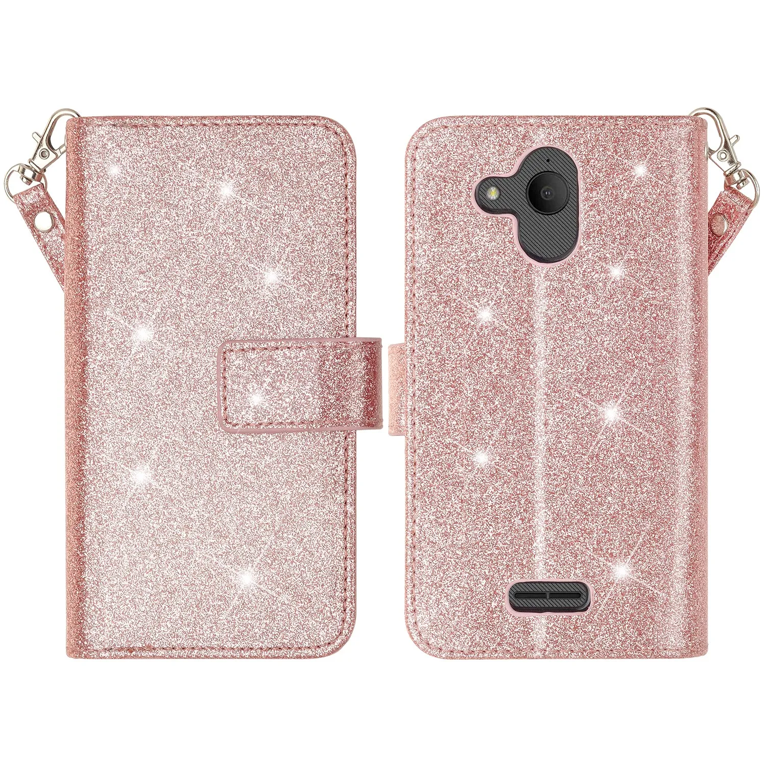 Alcatel Tetra Case, Glitter Faux Leather Flip Credit Card Holder Wrist Strap Shockproof Protective Wallet Case Clutch for Tetra - Rose Gold