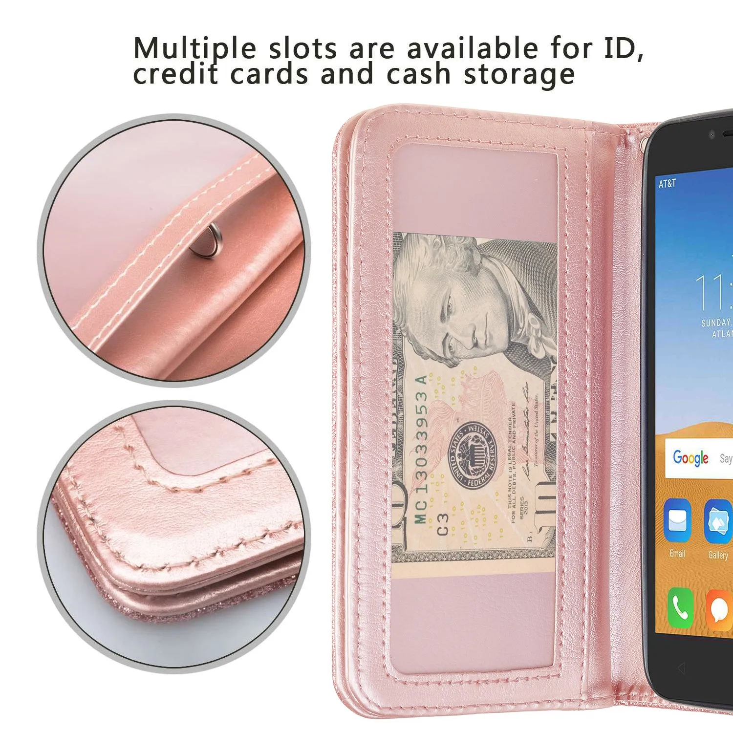 Alcatel Tetra Case, Glitter Faux Leather Flip Credit Card Holder Wrist Strap Shockproof Protective Wallet Case Clutch for Tetra - Rose Gold