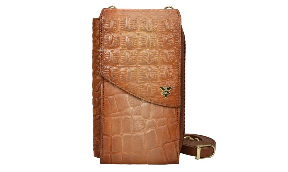 Anuschka Crossbody Cell Phone Case Croc Embossed Caramel