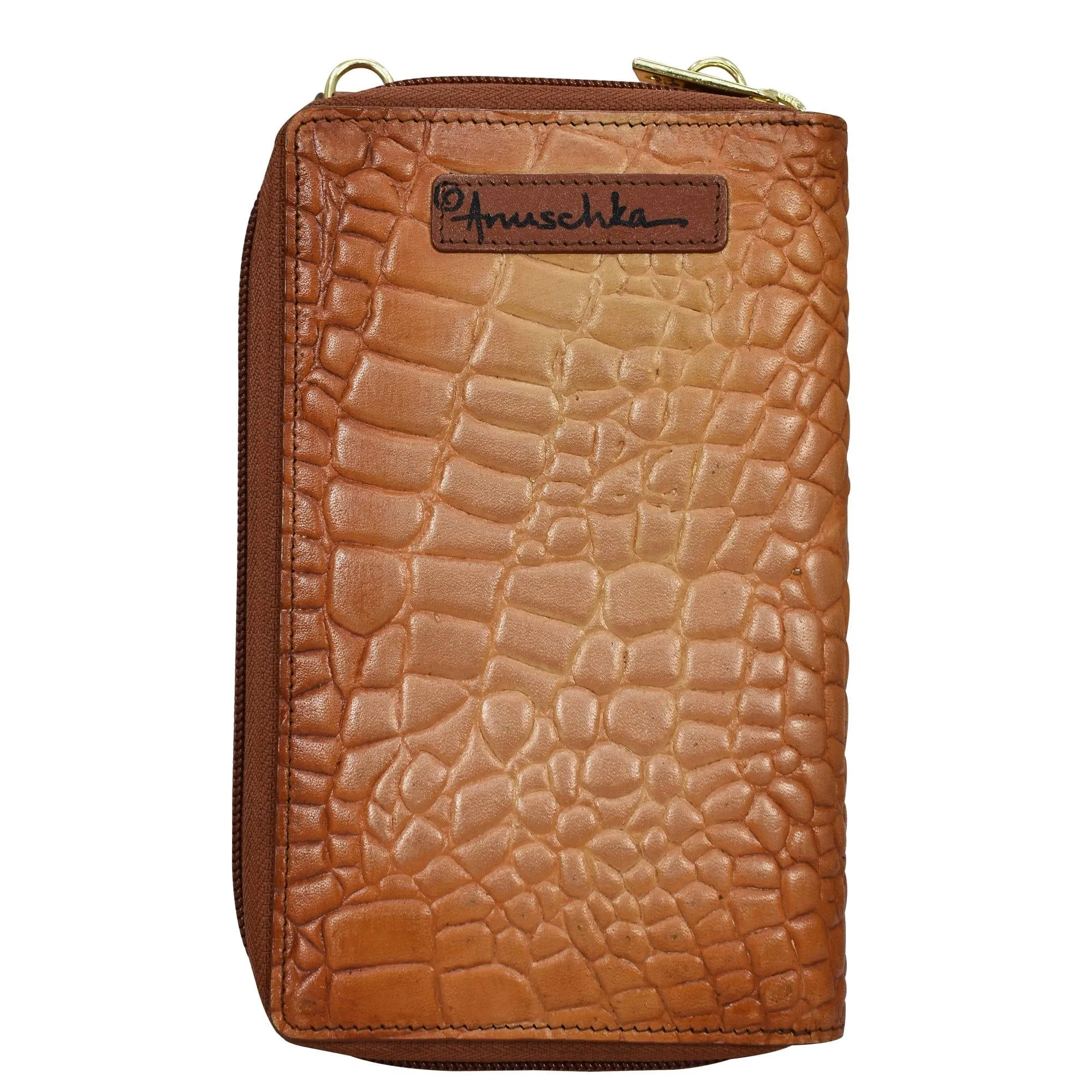 Anuschka Crossbody Cell Phone Case Croc Embossed Caramel