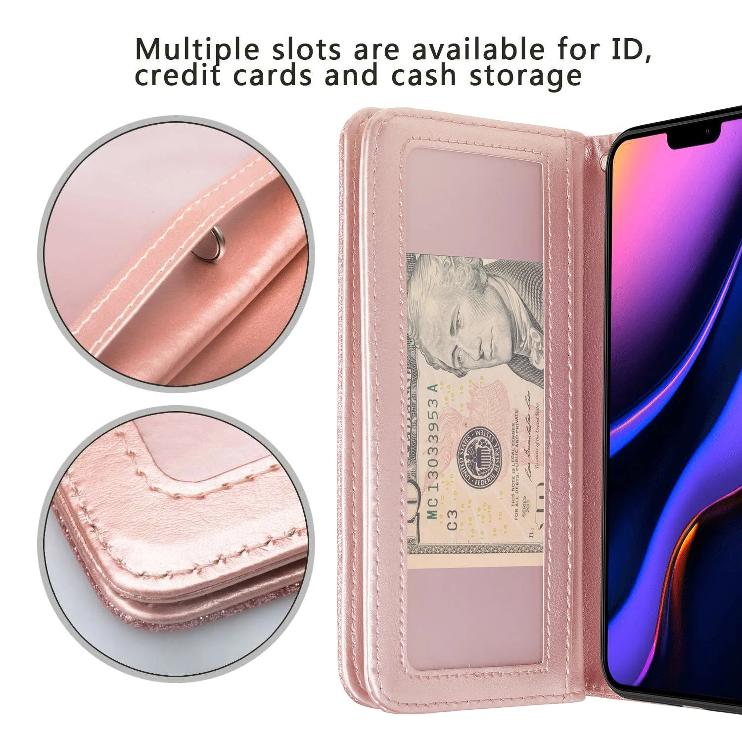 Apple iPhone 11 Pro Case, iPhone 11 Pro Case, Glitter Faux Leather Flip Credit Card Holder Wrist Strap Shockproof Protective Wallet Case Clutch for iPhone 11 Pro - Rose Gold