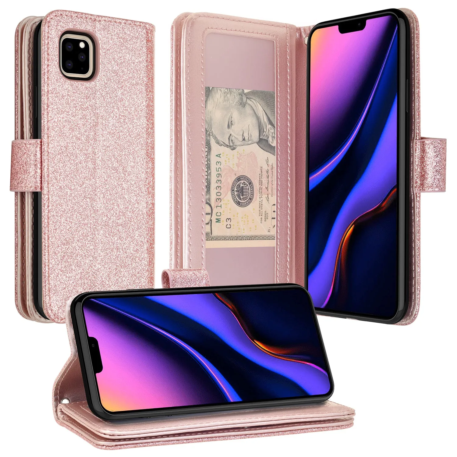 Apple iPhone 11 Pro Case, iPhone 11 Pro Case, Glitter Faux Leather Flip Credit Card Holder Wrist Strap Shockproof Protective Wallet Case Clutch for iPhone 11 Pro - Rose Gold