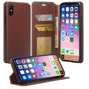 Apple iPhone XR Case, Apple A1984 Case, Faux Leather Magnetic Flip Fold [Kickstand] Protective Wallet Case Cover - Brown