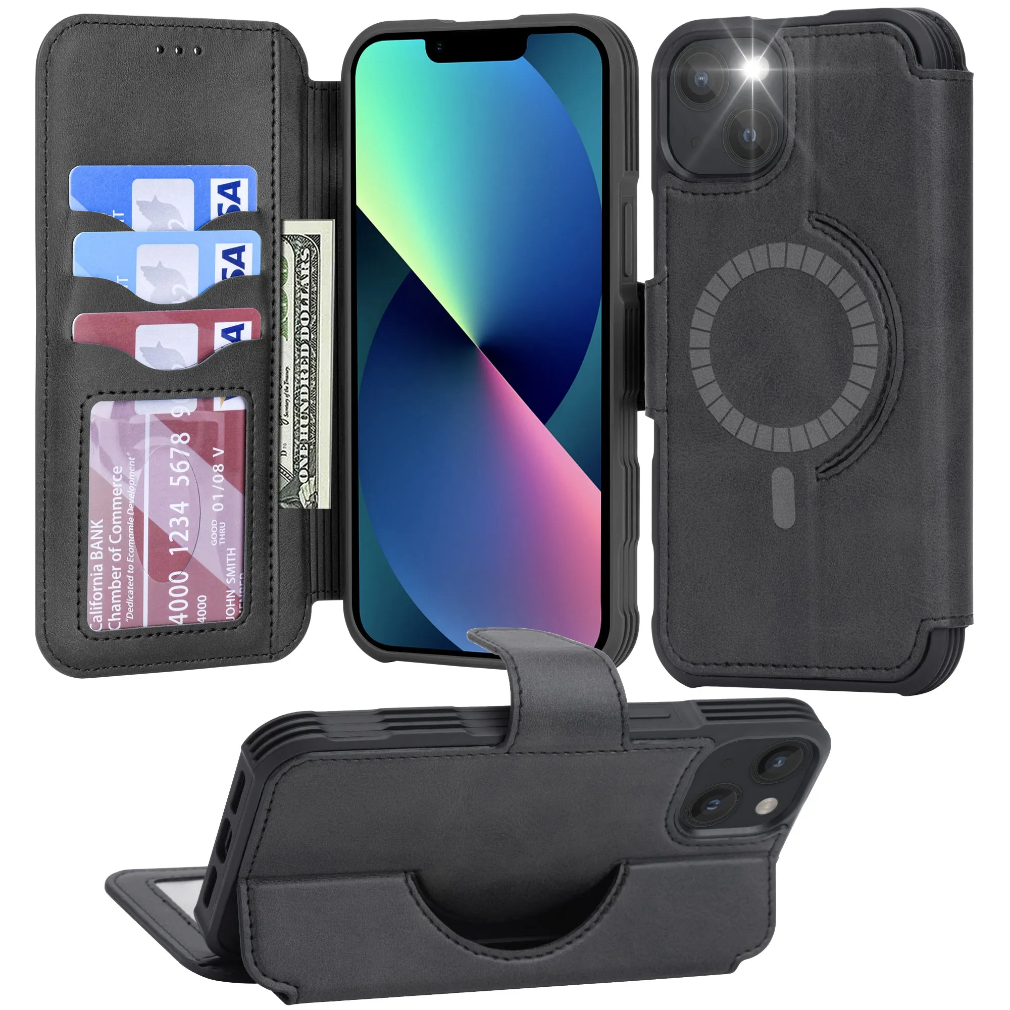 Arae Compatible with iPhone 13/13 Pro/13 Pro Max Case Wallet, Kickstand [Magnetic Wireless Charge] with Card Holder [RFID Blocking]