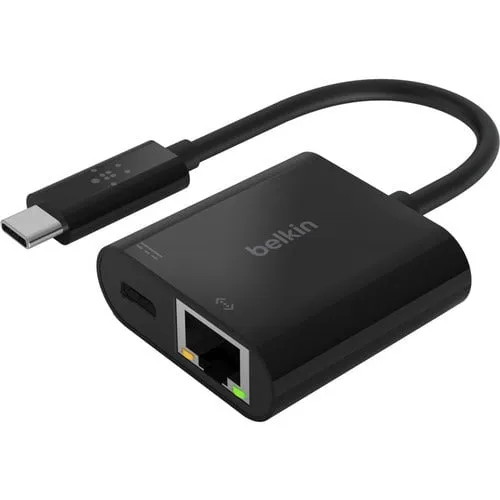 Belkin USB-C to Ethernet   Charge Adapter, 1x USB-C Male, 1x RJ-45 Network Female, 1x USB-C Female, Black