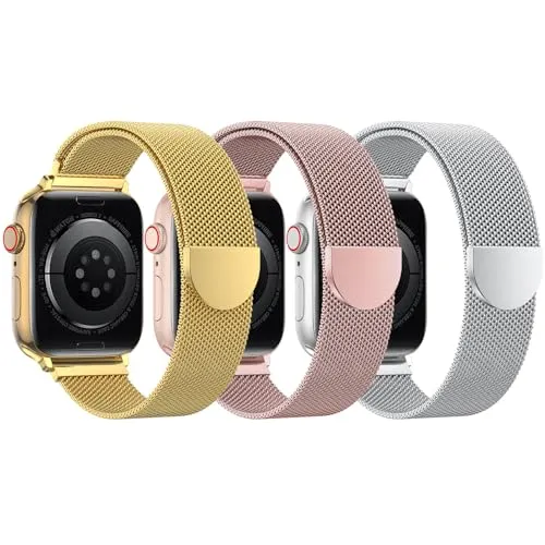 BELONGME 3 Pack Mesh Loop Compatible with Apple Watch Band Women Men 38mm 40mm 41mm 42mm 44mm 45mm 49mm Series Ultra SE 9 8 7 6 5 4 3 2 1, Stainless Steel Metal Strap Magnetic Clasp for iWatch Bands