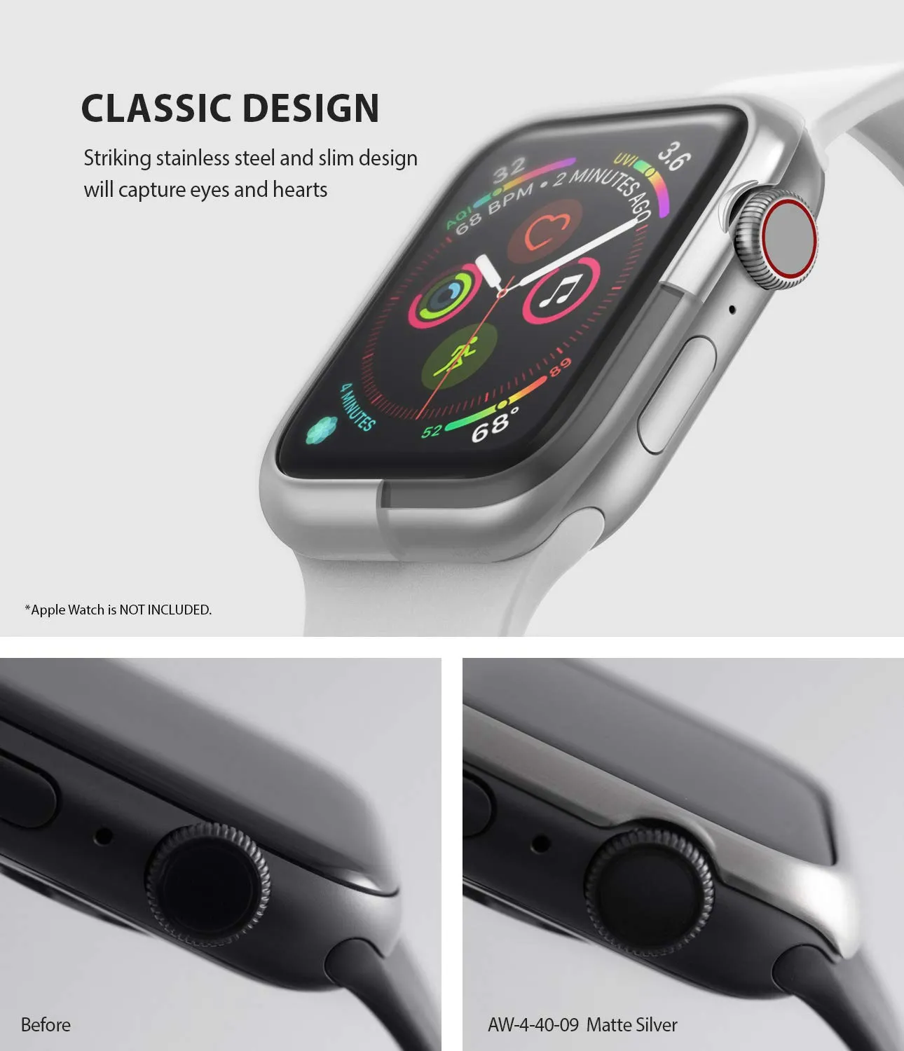 Bezel Styling for Apple Watch 40mm for Series 4 (2018)  (AW4-40-09)  -  [Stainless Steel] Matte Silver