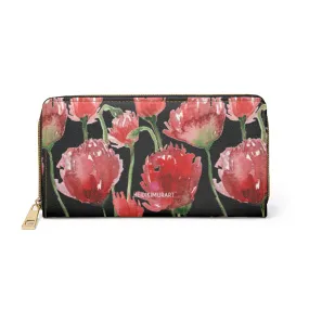 Black Red Tulips Zipper Wallet, Red Tulips Flower Print Best Long Compact Wallet For Women