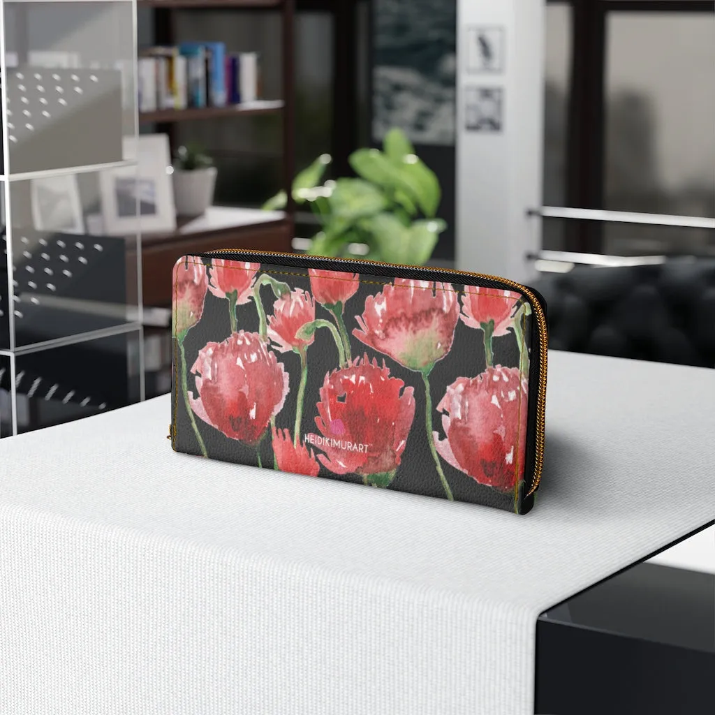 Black Red Tulips Zipper Wallet, Red Tulips Flower Print Best Long Compact Wallet For Women