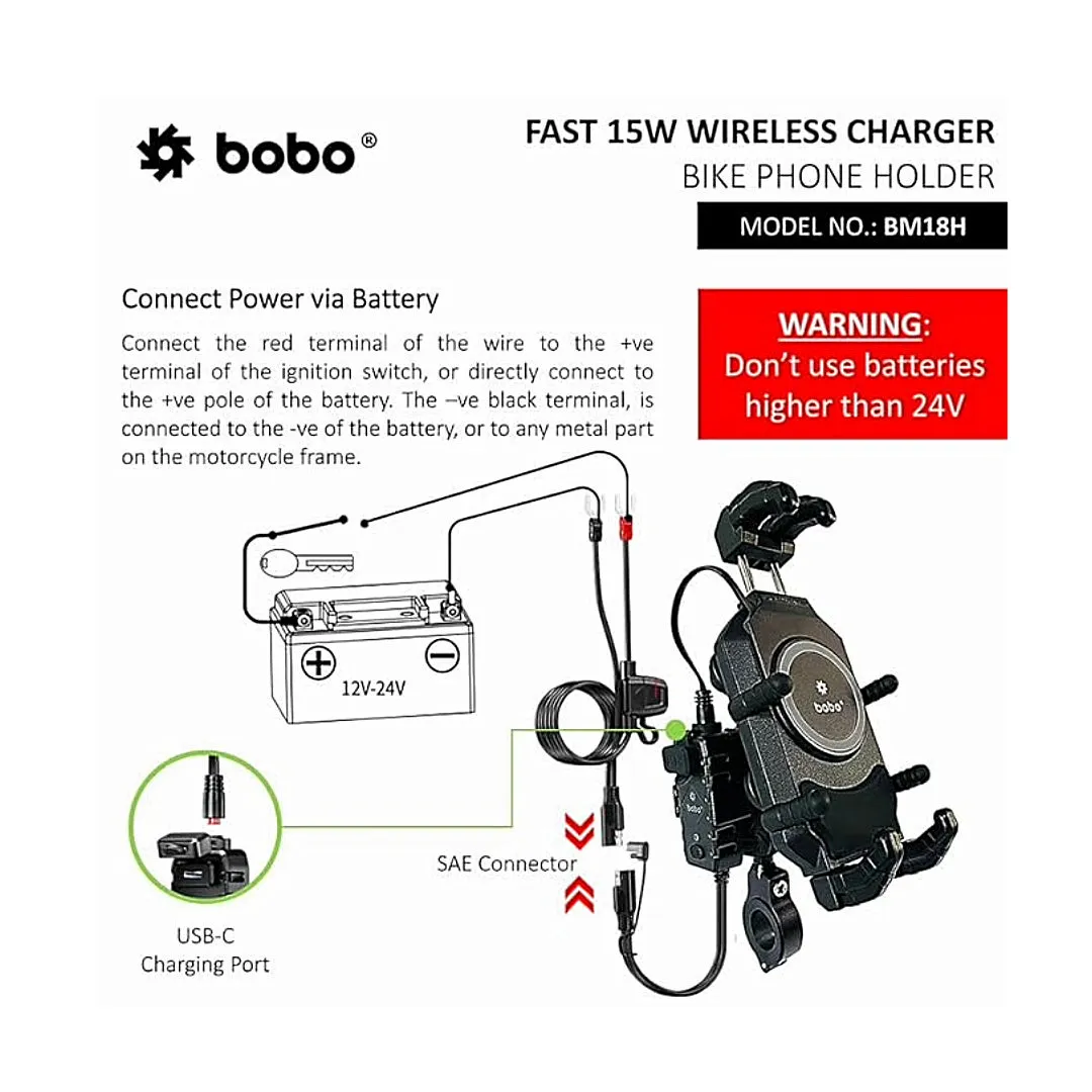 BOBO BM18H (or BM18M) PRO Handlebar (or Mirror) Anti-Vibration Bike Phone Holder (with Fast 15W Wireless Charger & USB-C Charging Module) Motorcycle Mobile Mount