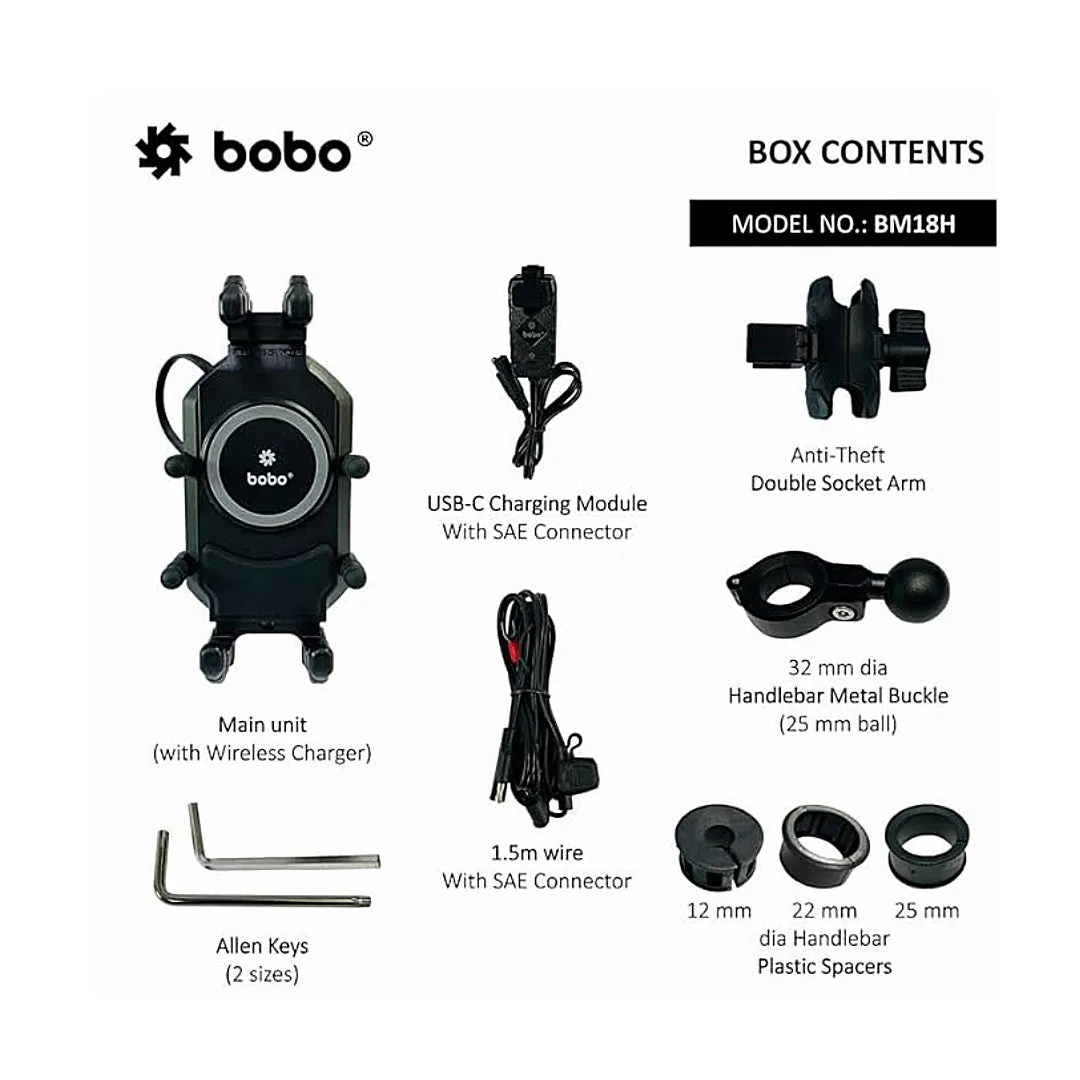 BOBO BM18H (or BM18M) PRO Handlebar (or Mirror) Anti-Vibration Bike Phone Holder (with Fast 15W Wireless Charger & USB-C Charging Module) Motorcycle Mobile Mount