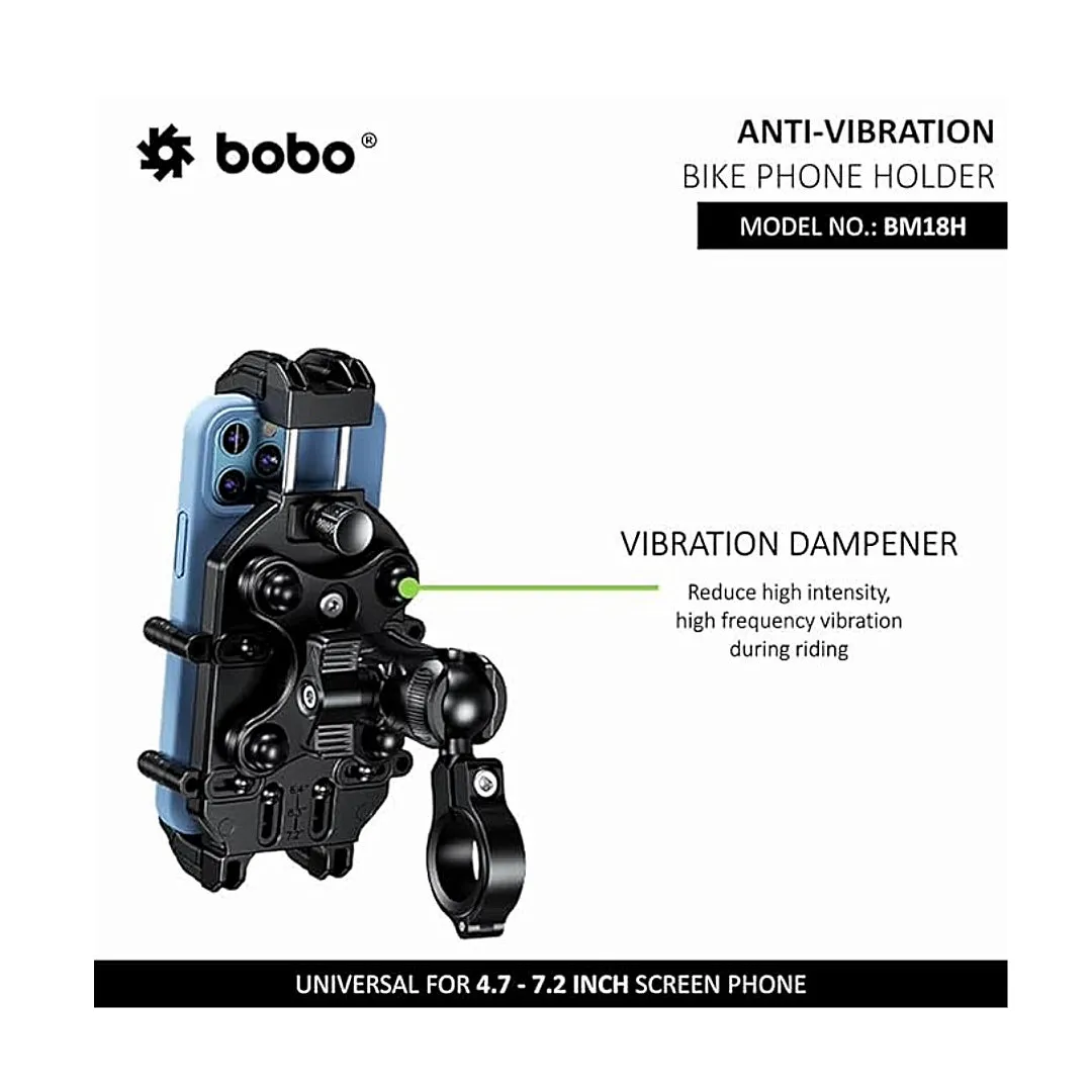 BOBO BM18H (or BM18M) PRO Handlebar (or Mirror) Anti-Vibration Bike Phone Holder (with Fast 15W Wireless Charger & USB-C Charging Module) Motorcycle Mobile Mount