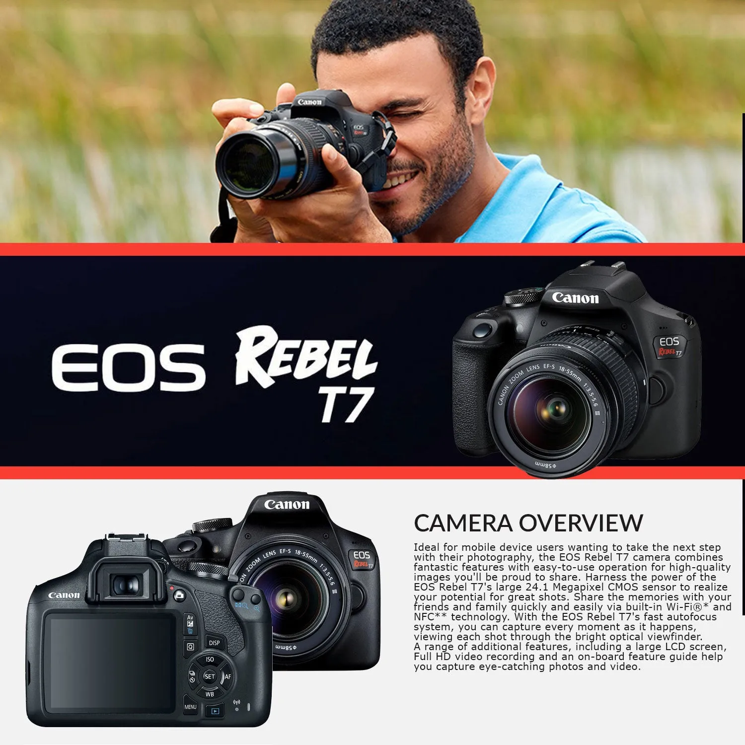 Canon Rebel T7 DSLR Camera with 18-55mm DC III Lens and 64GB Ultra Speed Memory Card, Case, Cleaning Kit, Flash Bundle