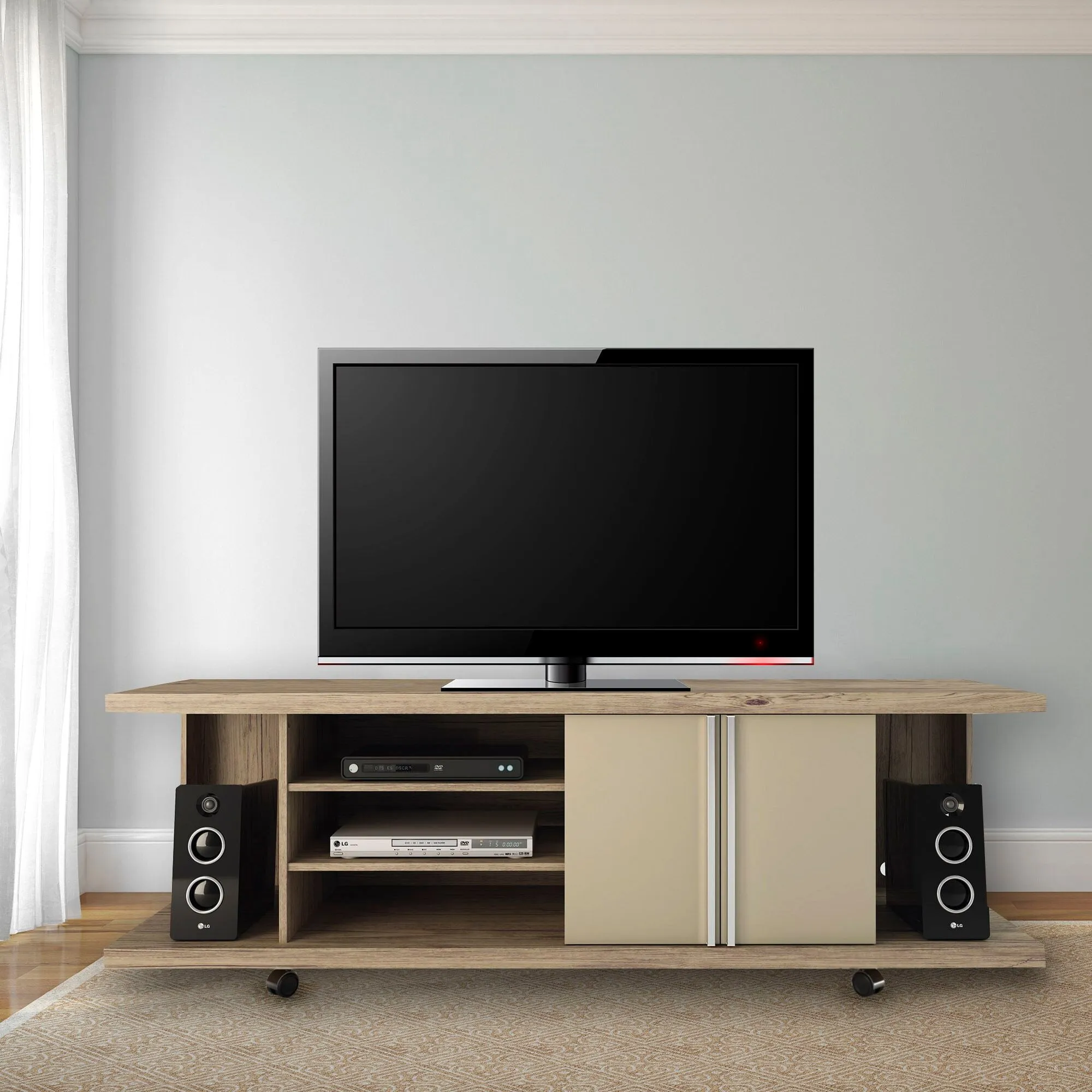 Carnegie TV Stand and Park 1.8 Floating Wall TV Panel with LED Lights in Nature and Nude