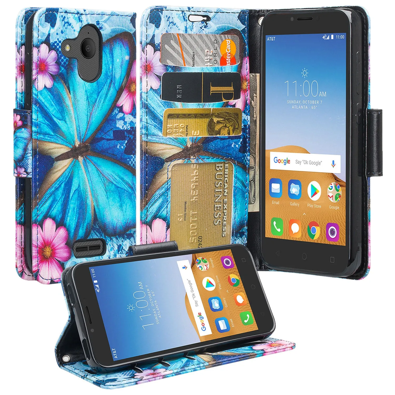 Coverlab Phone Cases for Alcatel Verso / Alcatel Tetra / Alcatel Raven LTE A574BL / Alcatel U50 5044S/ idealXCITE / CameoX 5044R Case [Kickstand] Leather Wallet Case Protective Pouch - Blue Butterfly