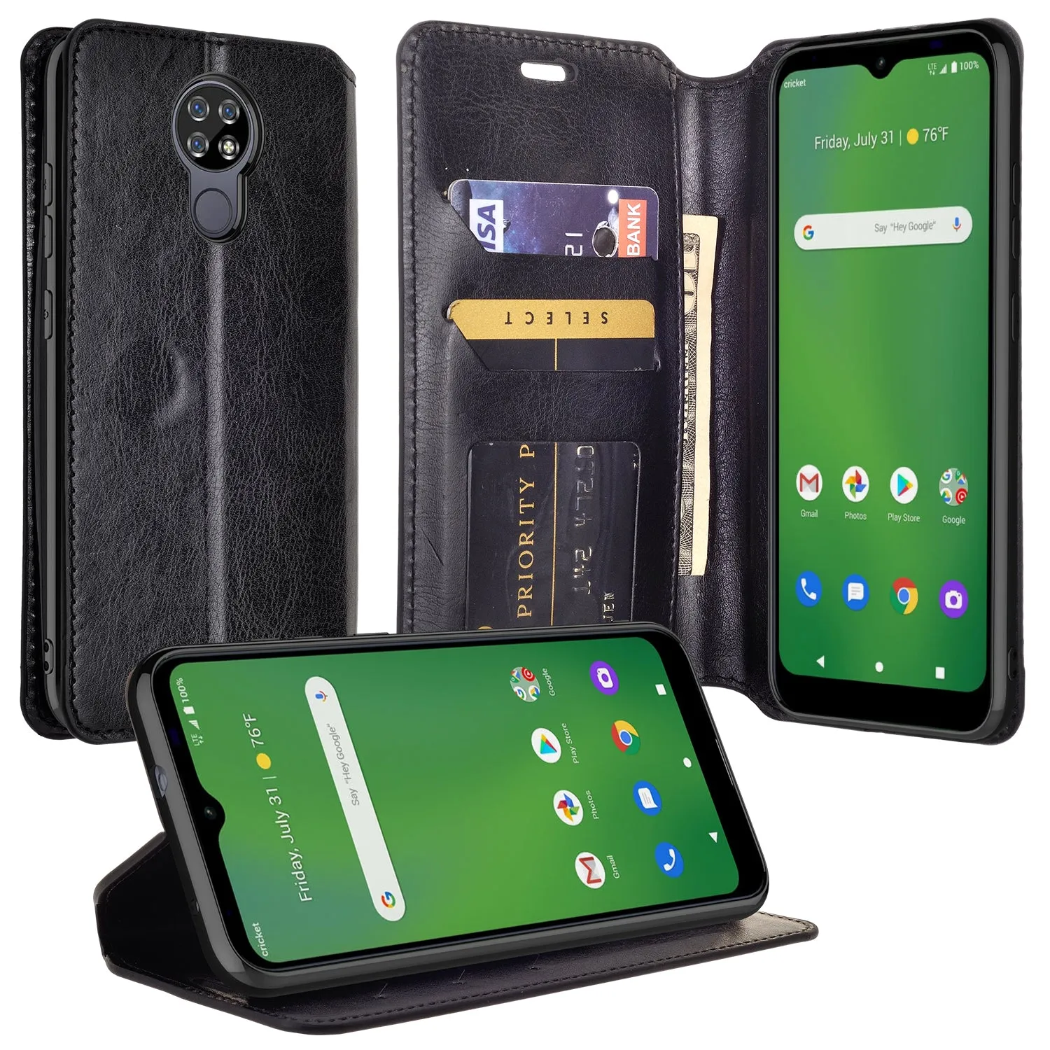 Cricket Ovation Case, AT&T Radiant Max Wallet Case, Pu Leather Wallet Case [Kickstand] with ID & Credit Card Slots for Cricket Ovation / AT&T Radiant Max  - Black