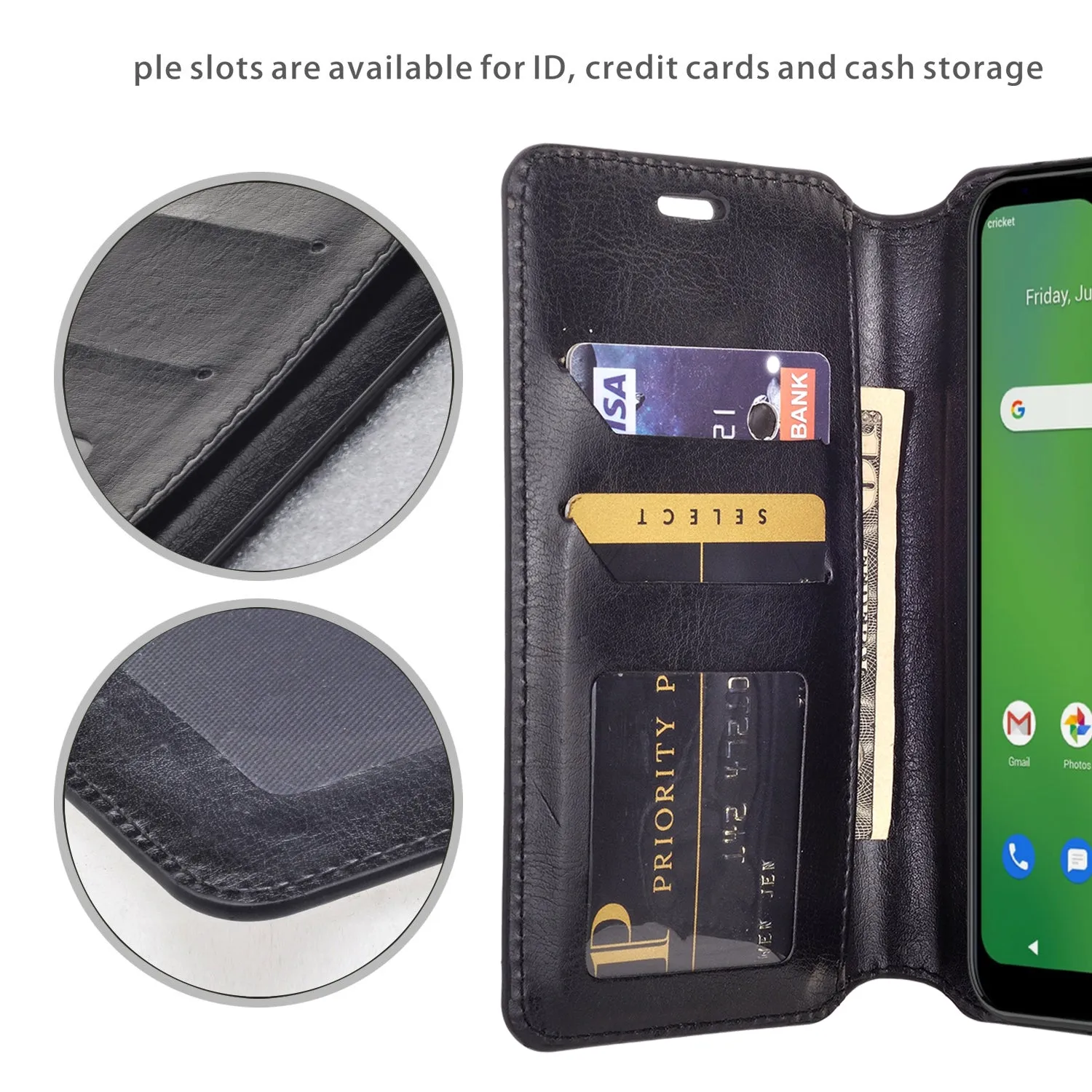 Cricket Ovation Case, AT&T Radiant Max Wallet Case, Pu Leather Wallet Case [Kickstand] with ID & Credit Card Slots for Cricket Ovation / AT&T Radiant Max  - Black