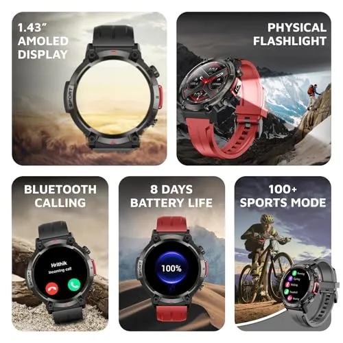 Cult Ranger XR1-1.43" AMOLED Display,Outdoor Rugged Smartwatch for Men, Bluetooth Calling, 8 Days Battery, Continous Heart Rate,100  Sports Mode, Live Cricket Score, Built-in Flashlight, Free Strap