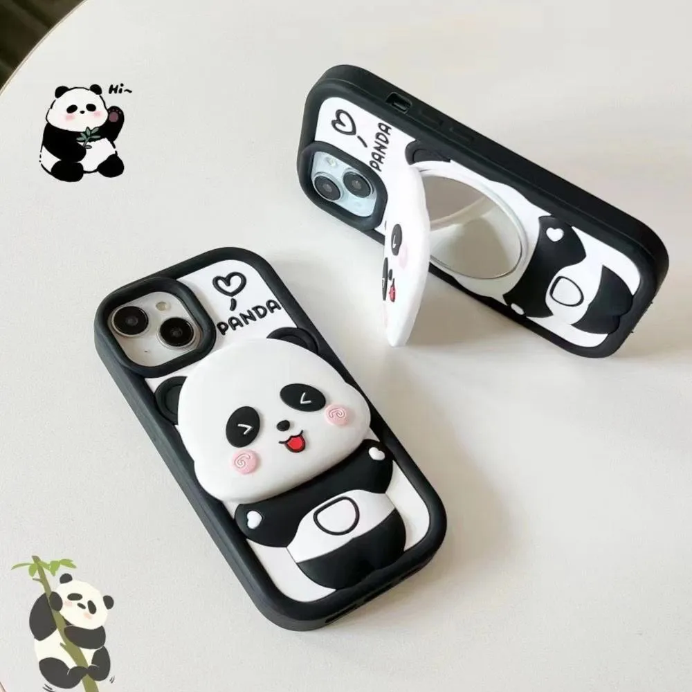 Cute Panda With Mirror Stand Silicon Phone Case For iPhone 14 Pro