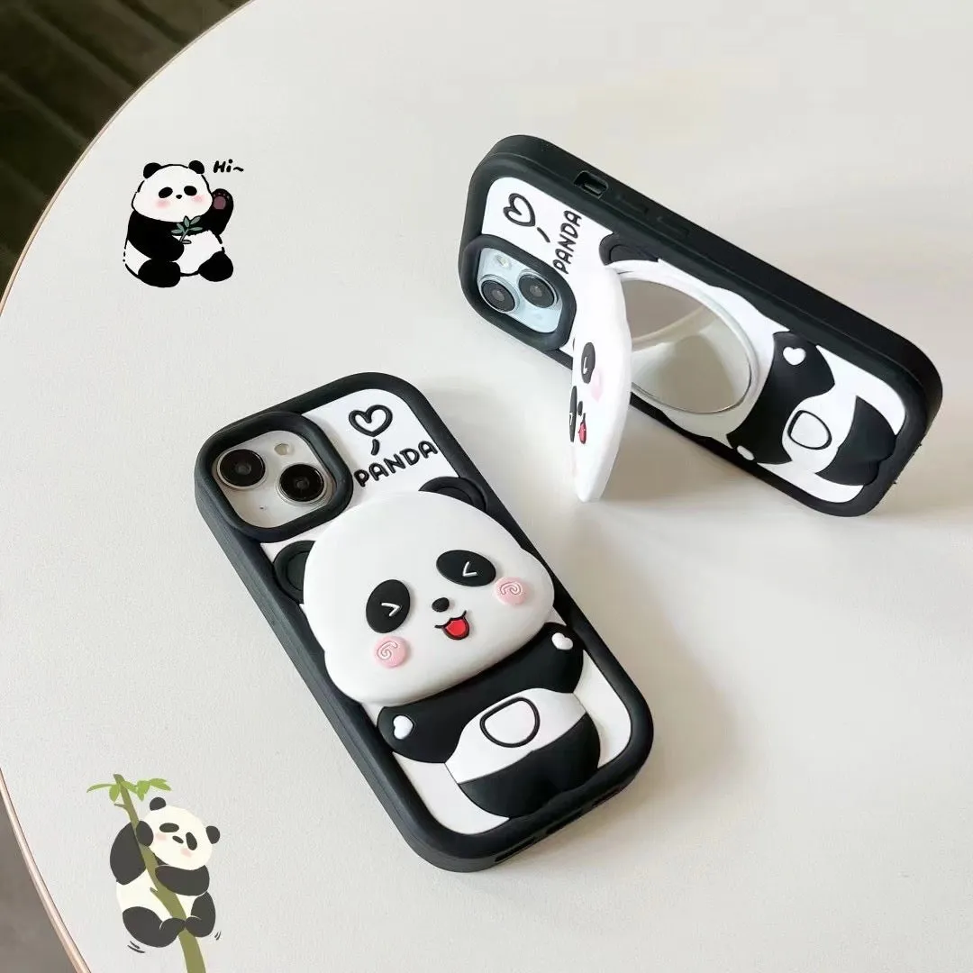 Cute Panda With Mirror Stand Silicon Phone Case For iPhone 14 Pro