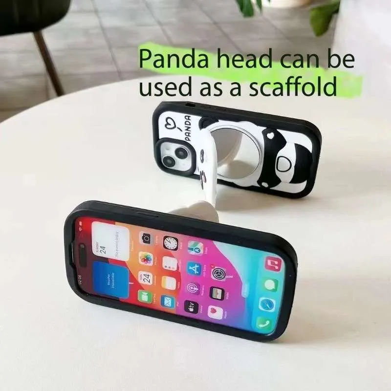 Cute Panda With Mirror Stand Silicon Phone Case For iPhone 14 Pro