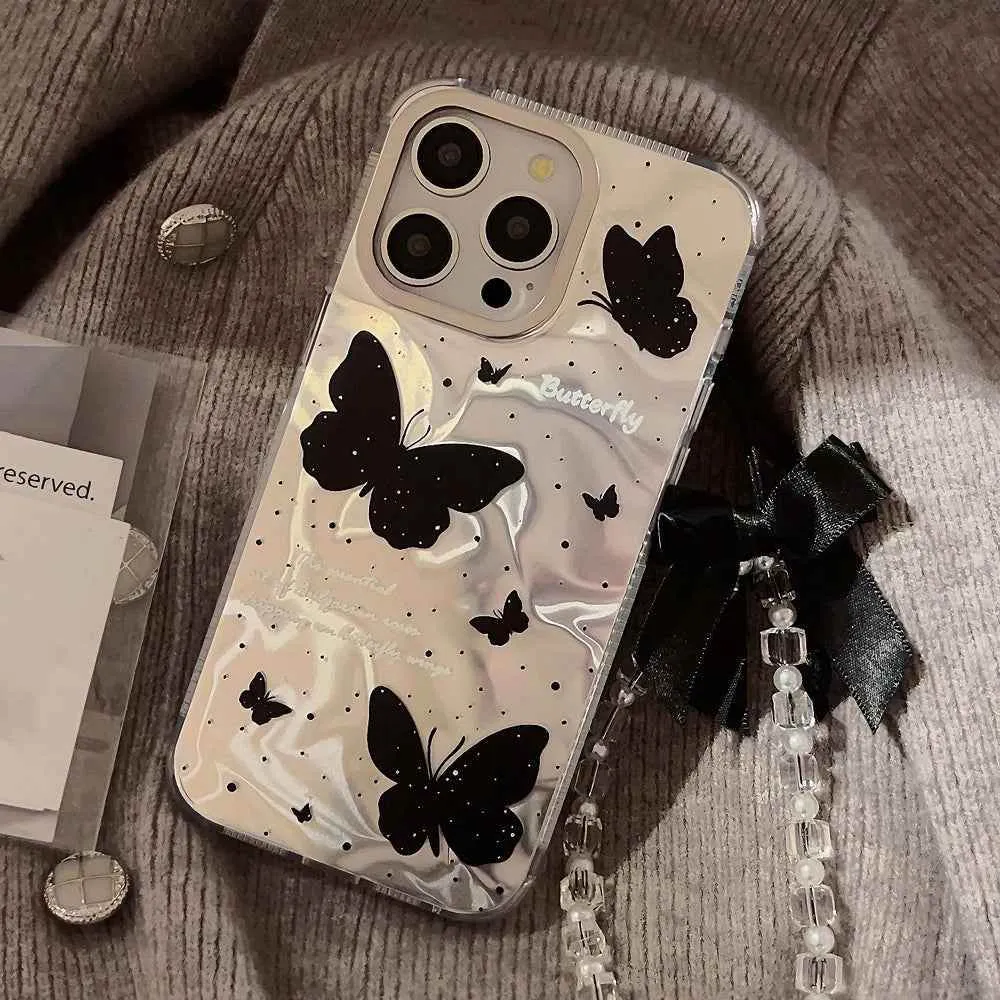 Cute Phone Cases for iPhone 15, 14, 13, 12 Pro Max, and Plus models - Butterfly Pattern With 3D Bow Bracelet - TSP341