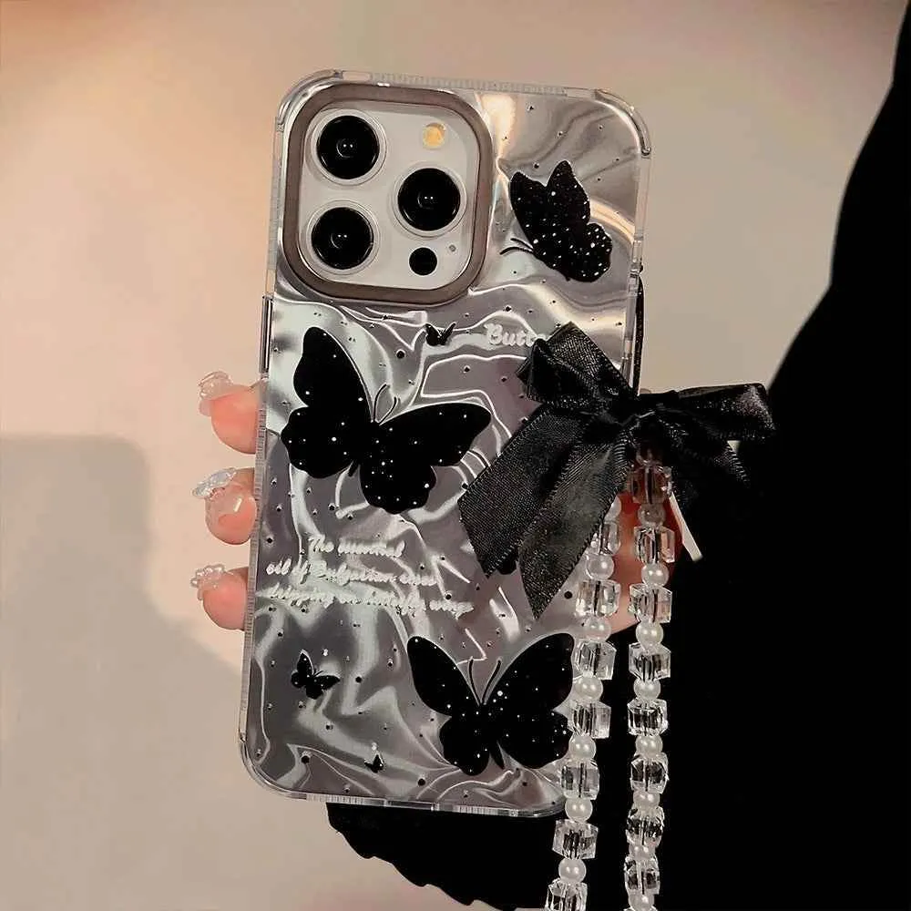 Cute Phone Cases for iPhone 15, 14, 13, 12 Pro Max, and Plus models - Butterfly Pattern With 3D Bow Bracelet - TSP341