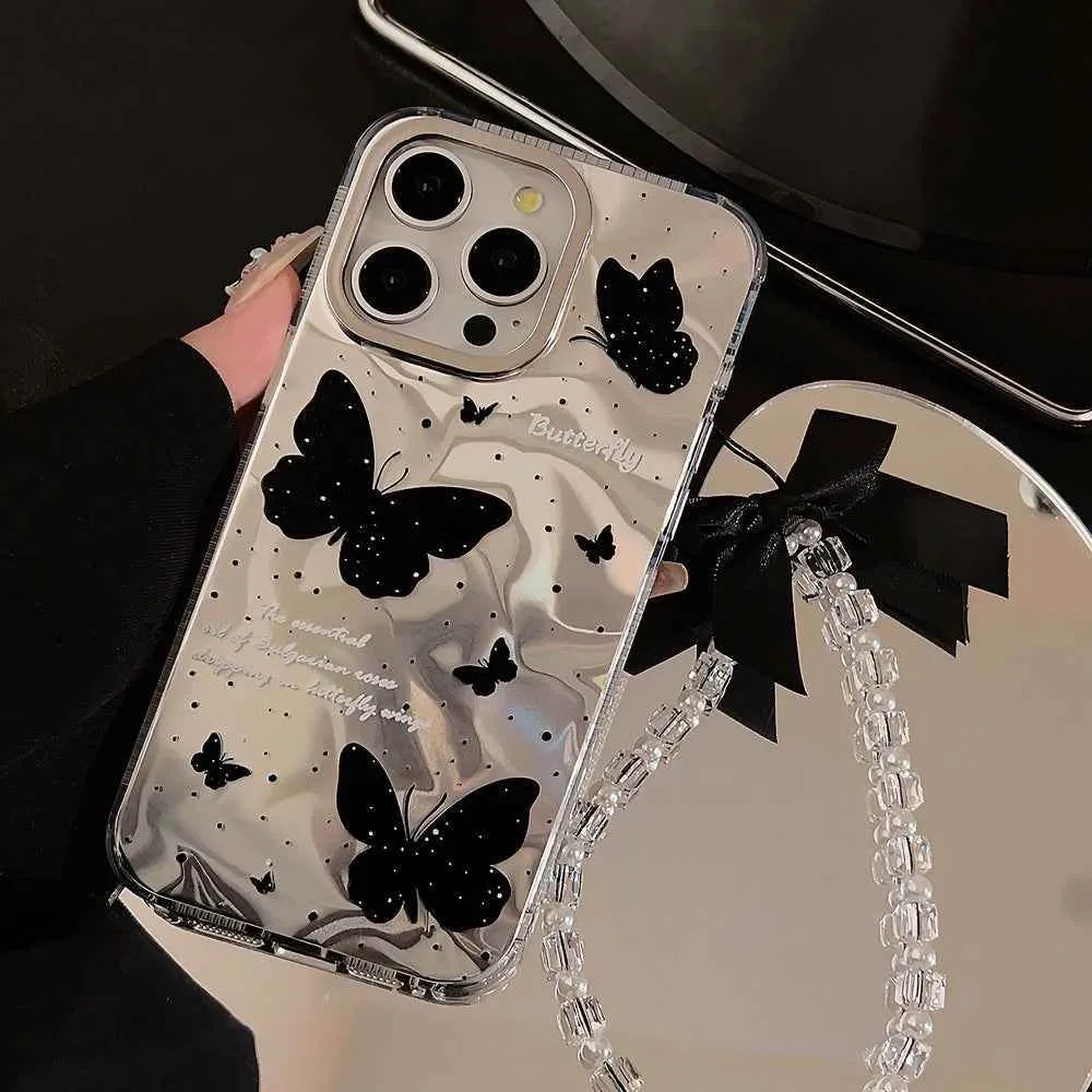 Cute Phone Cases for iPhone 15, 14, 13, 12 Pro Max, and Plus models - Butterfly Pattern With 3D Bow Bracelet - TSP341