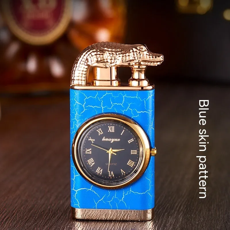 Double Fire Lighter With Quartz Watch Metal Inflatable Windproof Blue