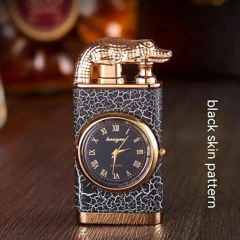 Double Fire Lighter With Quartz Watch Metal Inflatable Windproof Blue