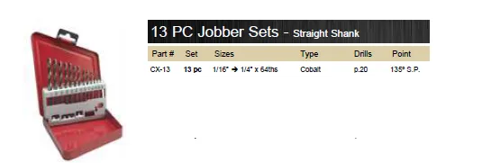 DRILL BIT 13 PIECE SET JOBBER COBALT M35 135° WITH METAL CASE