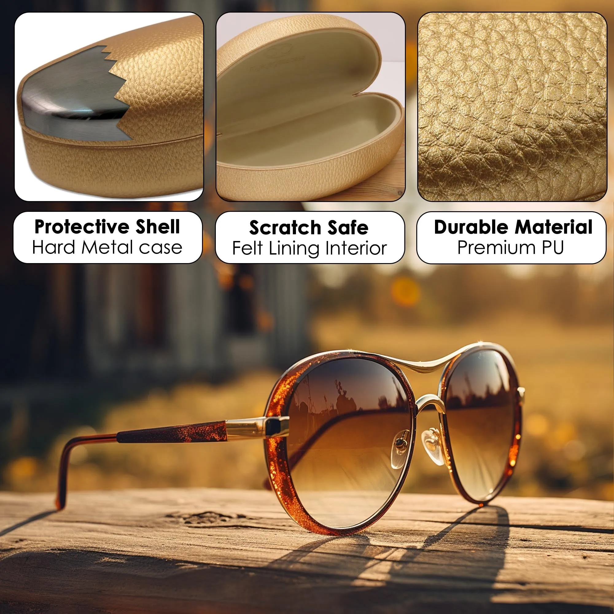 Extra Large Sunglasses Case for Curved Frames - Women Eyeglass Case with Pouch & Cloth  (AS179 Gold)