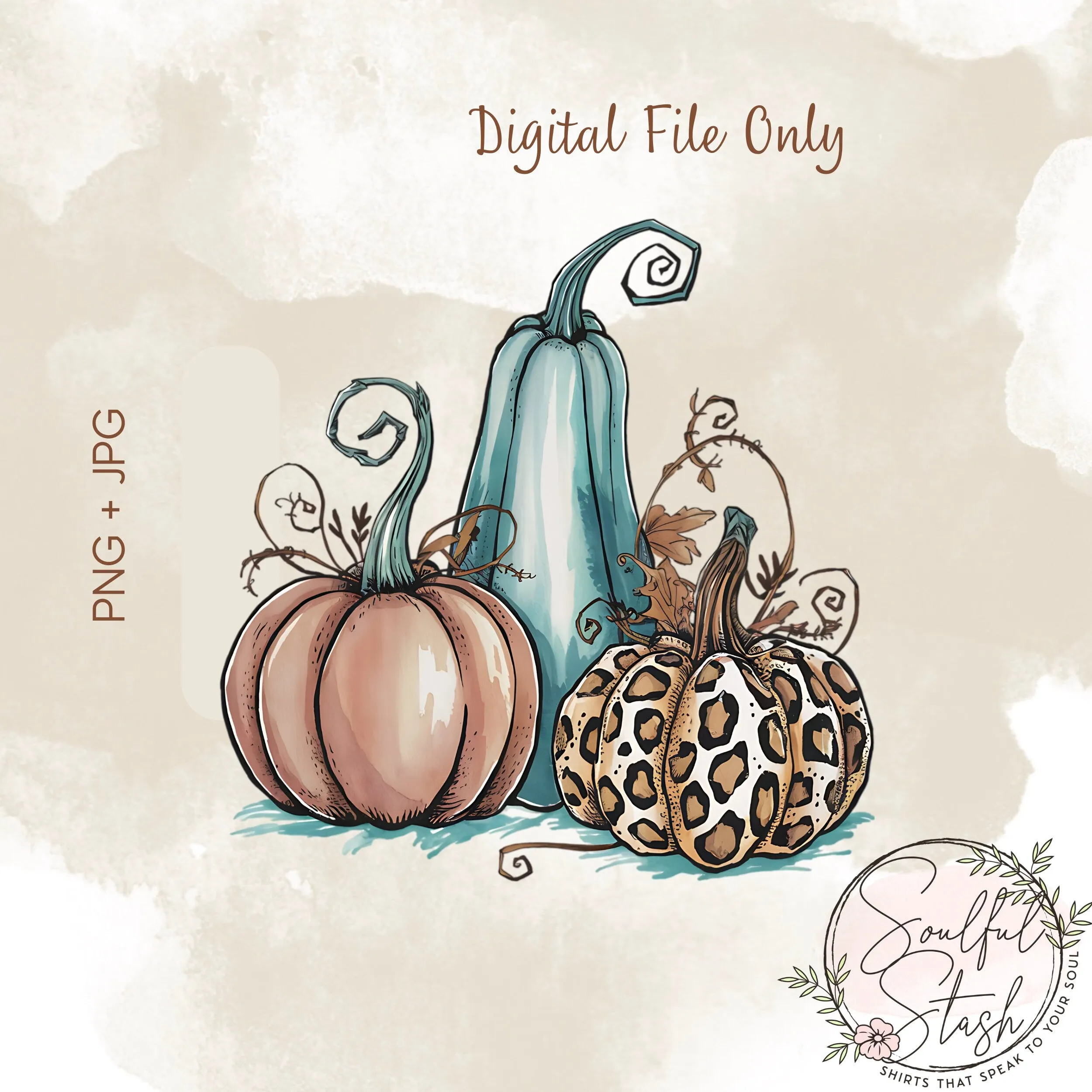 Fall PNG, Thanksgiving Download, Watercolor Pumpkins and Gourds Digital Download for Sublimation and Crafts, Pumpkin Season, Leopard Print