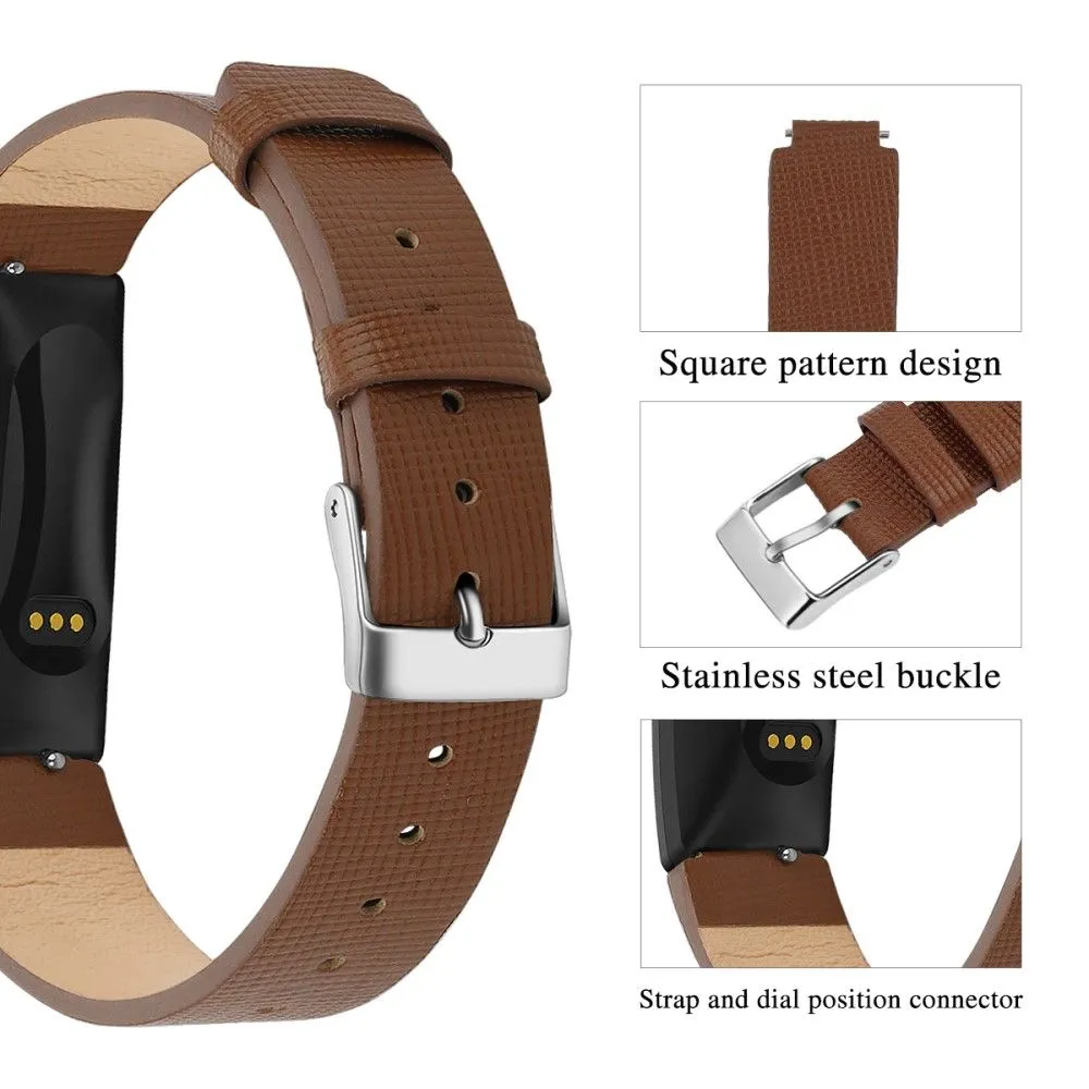 Fitbit Inspire / Inspire HR square pattern genuine leather watch strap - Brown / Size: L