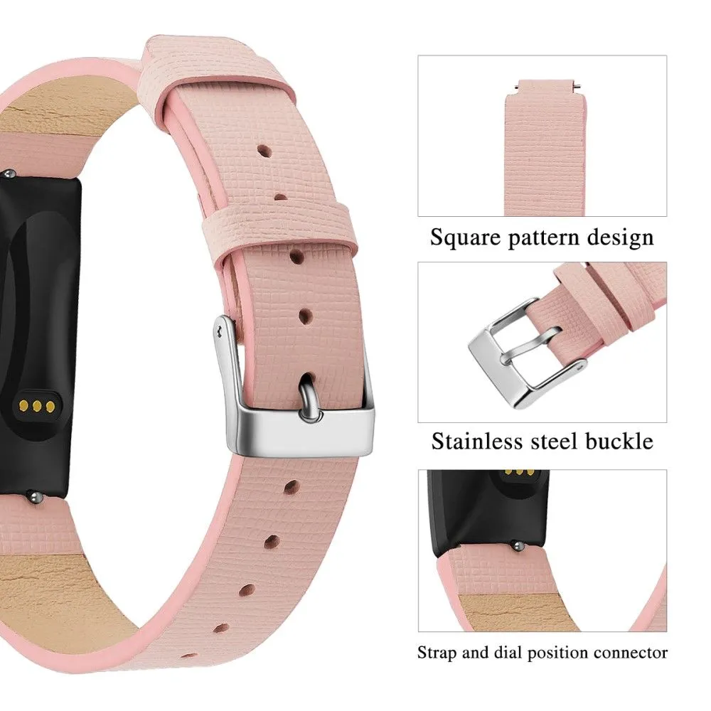 Fitbit Inspire / Inspire HR square pattern genuine leather watch strap - Pink / Size: S