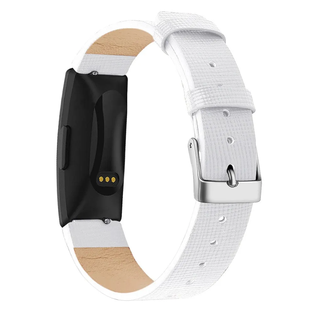 Fitbit Inspire / Inspire HR square pattern genuine leather watch strap - White / Size: L